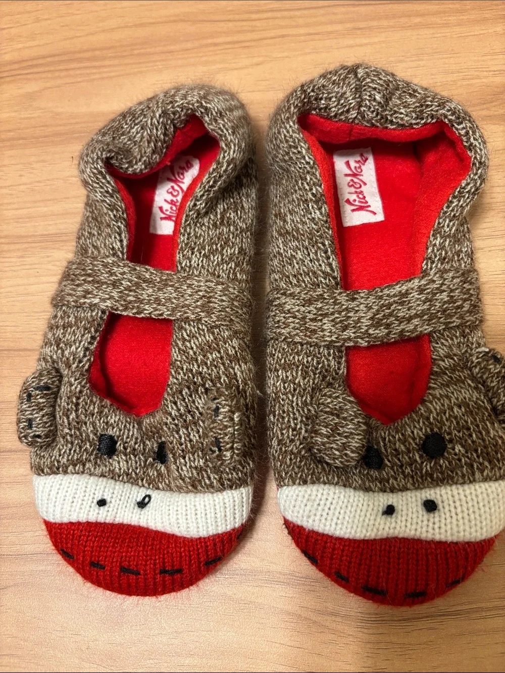Nick & Nora Brown and Red Sock Slippers with Monkey Face
